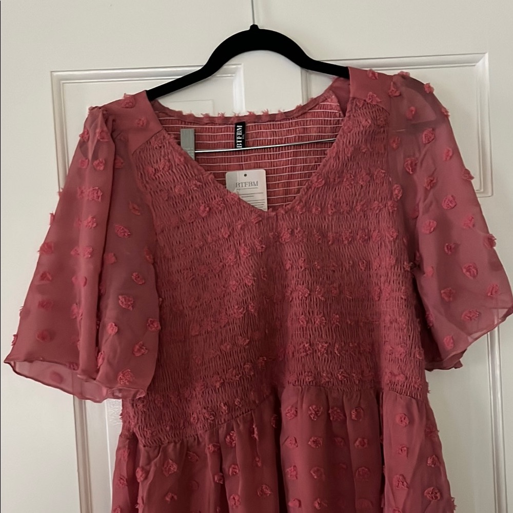 Pink Textured V-Neck Dress